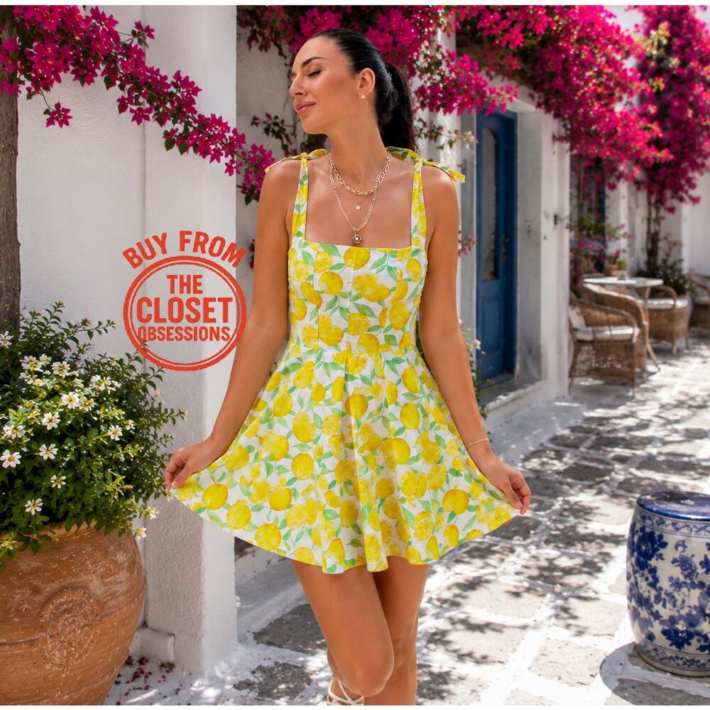 ZARA Lemon Print Linen Blend Mini Dress NWT Amalfi Coast Vacation Dress M - Picture 6 of 16